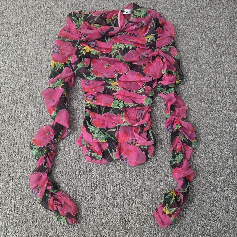 Zara Floral Mesh Ruched Draped Neck Top XS Pink Sheer Long Sleeve Coquette